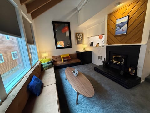 Sun filled living room with vaulted ceilings and cozy wood burning fireplace