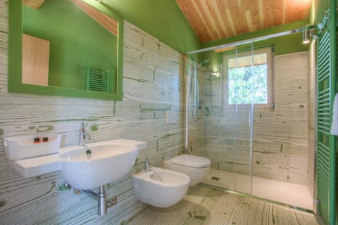 Suite | Bathroom | Shower, hair dryer, towels, soap