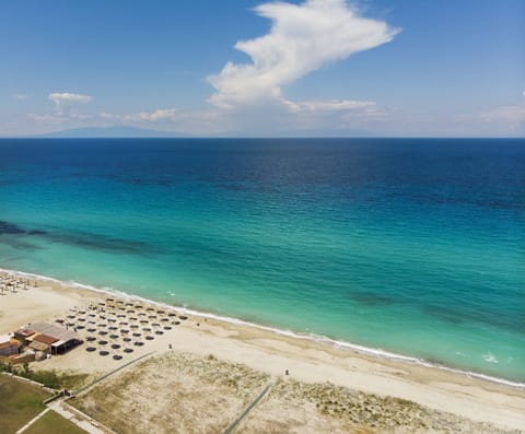On the beach, sun loungers, beach umbrellas