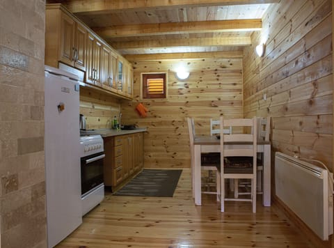 Fully equipped kitchen shares the space with dining area.