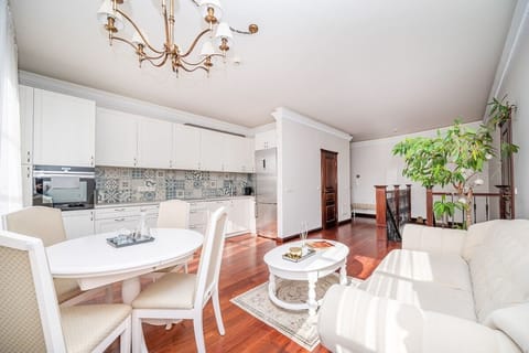 Living room, kitchen and dining area