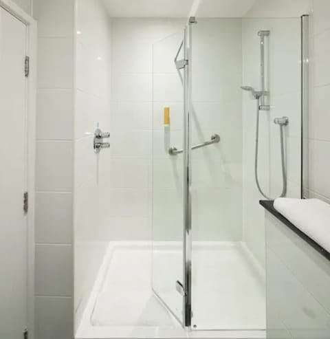 Shower, free toiletries, hair dryer, towels