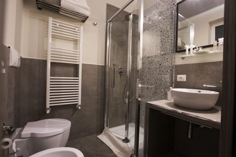 Shower, bathrobes, slippers, bidet