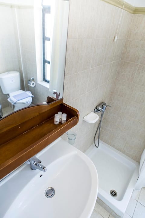 Combined shower/tub, free toiletries, hair dryer, towels