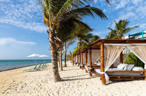 On the beach, beach cabanas, sun loungers, beach umbrellas