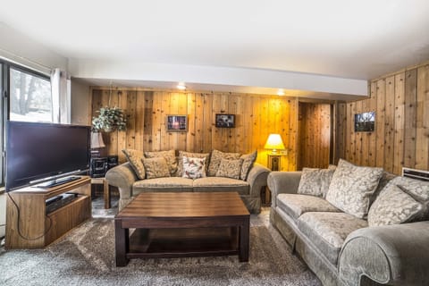 Living room with large sofas and flatscreen TV.