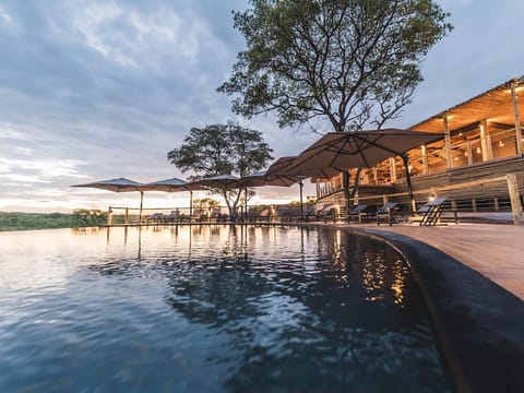 Outdoor pool, pool umbrellas, sun loungers