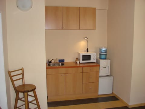 Fridge, microwave, coffee/tea maker, electric kettle