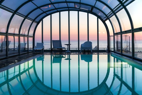 Indoor pool, open 10:00 AM to 8:00 PM, sun loungers