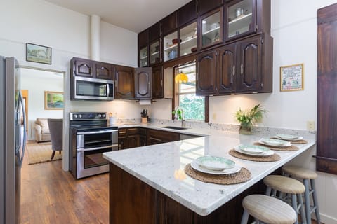 Kitchen with stainless appliances.