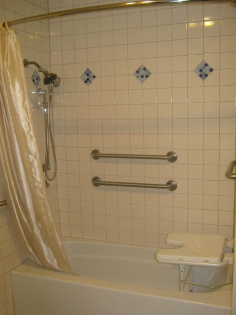 Combined shower/tub, hair dryer, towels