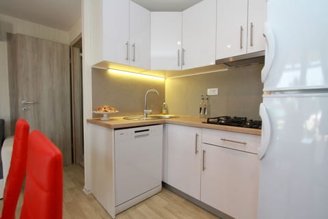 Full-size fridge, microwave, stovetop, electric kettle