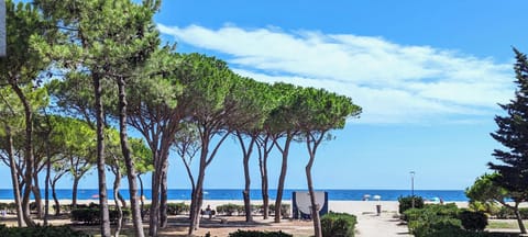 Beach nearby, white sand, beach towels