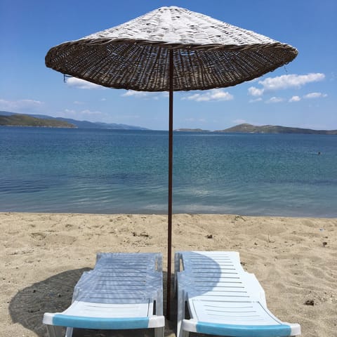 Beach nearby, sun loungers, beach umbrellas