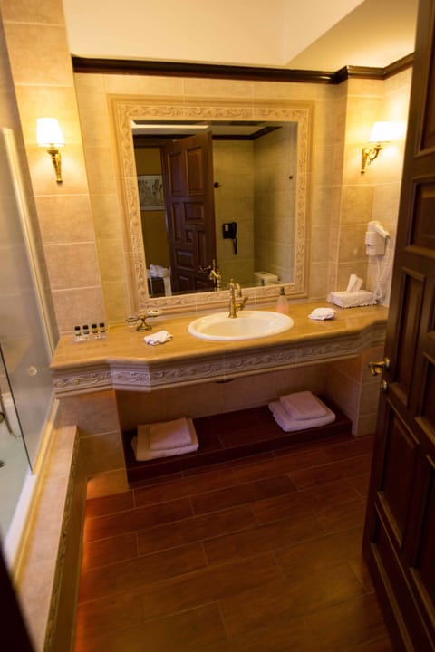 Hydromassage showerhead, free toiletries, hair dryer, towels