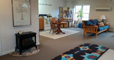 View from sleeping area, electric fireplace