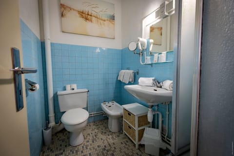 Combined shower/tub, free toiletries, hair dryer, towels