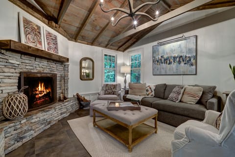 Wood burning fireplace in living room