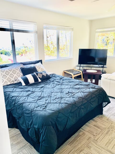 Queen sized bed and TV, with a partial view of the couch.