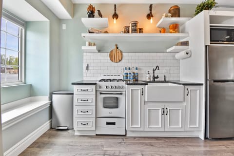 A modern farmhouse kitchenette with Gas range, farm sink and mid-fridge in the game room