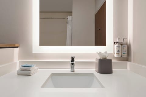 Hair dryer, towels, soap, shampoo