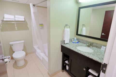 Combined shower/tub, eco-friendly toiletries, hair dryer, towels