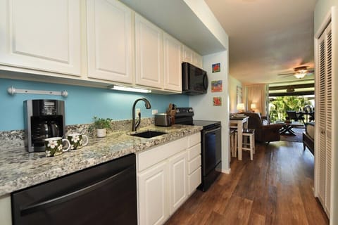 A fully equipped kitchen featuring granite countertops, sleek cabinetry, and modern appliances