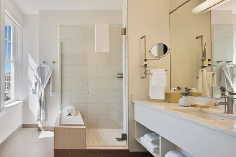 Shower, rainfall showerhead, designer toiletries, hair dryer