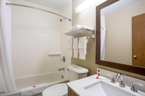 Combined shower/tub, hair dryer, towels