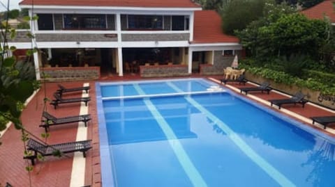 Outdoor pool, pool umbrellas, sun loungers