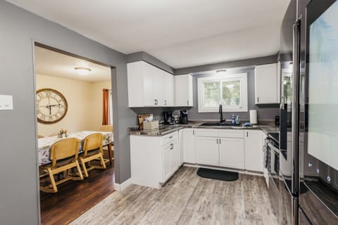 Full size kitchen. Recently remodeled. Stocked with standard kitchen supplies.