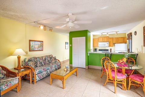 Comfortable living area featuring a queen sofa bed, cable TV, cooling A/C from the living room, and easy access to the lanai.