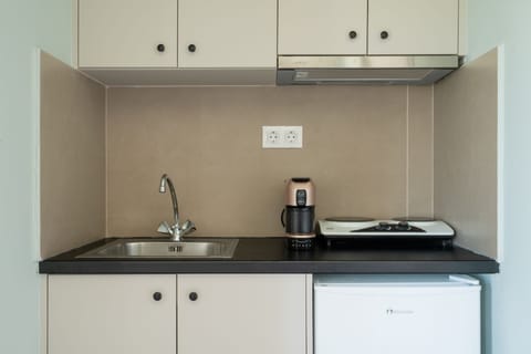 Fridge, espresso maker, electric kettle