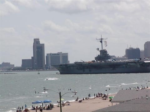 Day view of USS Lexington and Corpus from balcony and inside condo