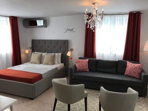 Area de sala con smart TV, sofa cama Queen en el que puede acomodar a 2 personas