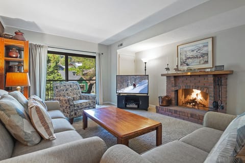 Living Room:  Q-sleeper sofa, love seat, fireplace (firelogs avail), Pvt balcony