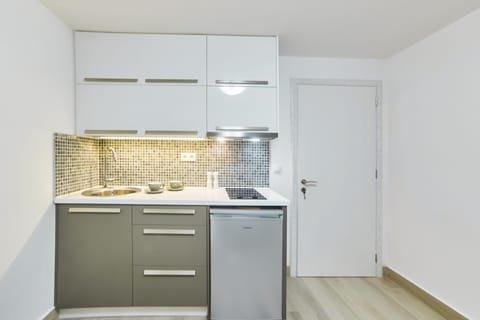 Junior Suite | Private kitchen | Fridge, stovetop, electric kettle, cookware/dishes/utensils