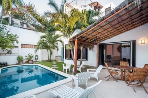 Private backyard swimming pool with palapa patio and beautiful palms