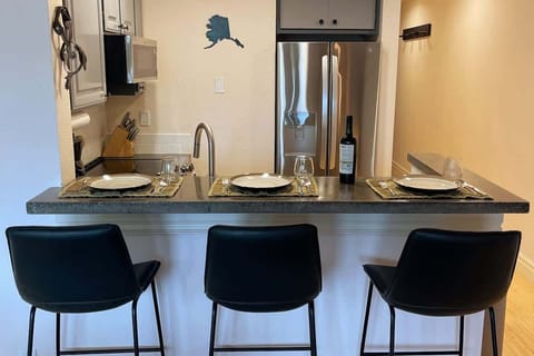 3 high top barstools. Great kitchen for  entertaining post skiing or summer adventures. 