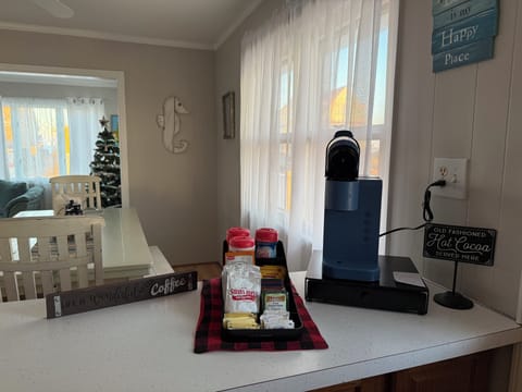 Keurig, drip coffee pot, coffee, tea and sugar provided!