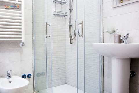 Shower, hair dryer, bidet, towels