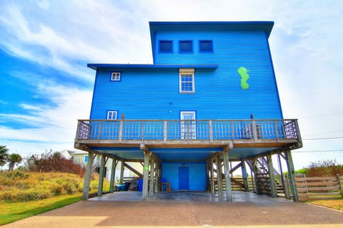 Striking blue beach house on stilts with covered parking below, surrounded by coastal landscape under a beautiful sky.