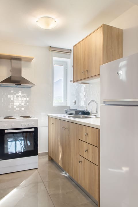 Full-size fridge, oven, stovetop, coffee/tea maker