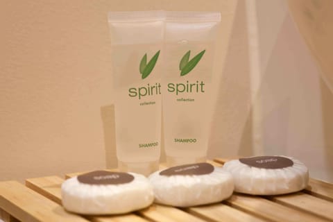 Shower, rainfall showerhead, free toiletries, hair dryer