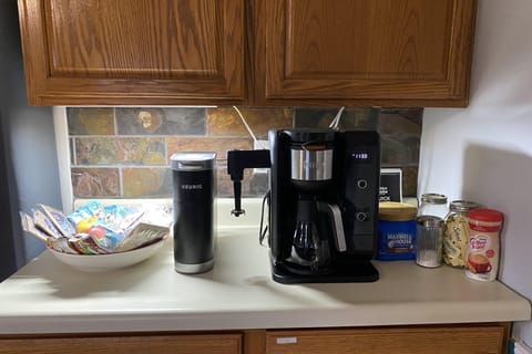 The coffee and snack station has everything you need for a great cup of Jo! 