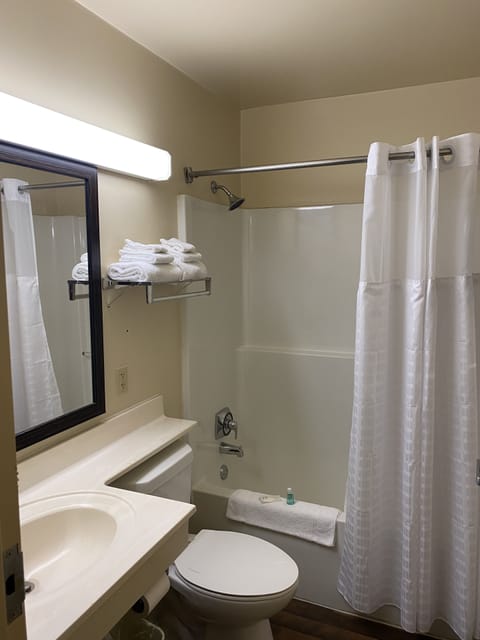 Combined shower/tub, free toiletries, hair dryer, towels