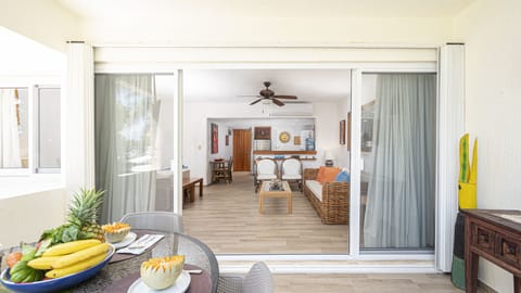 View from terrace towards living/kitchen area. Front door in the background
