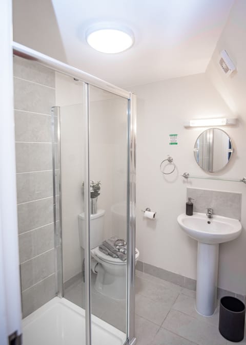 Shower, free toiletries, hair dryer, towels