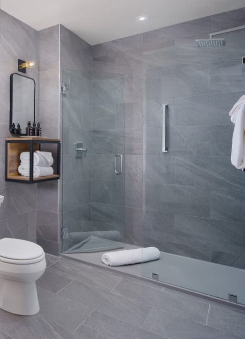 Shower, rainfall showerhead, free toiletries, hair dryer