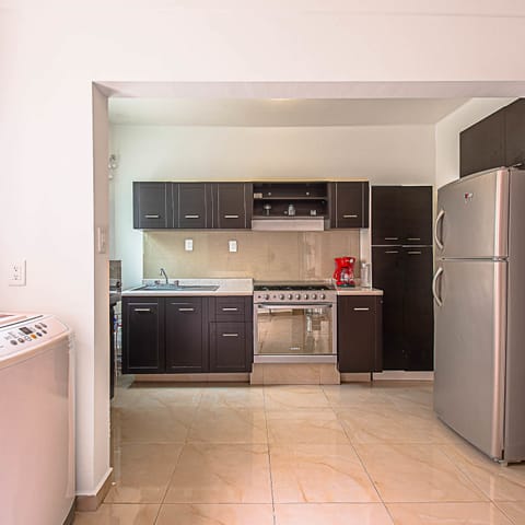 Fridge, microwave, coffee grinder, toaster oven